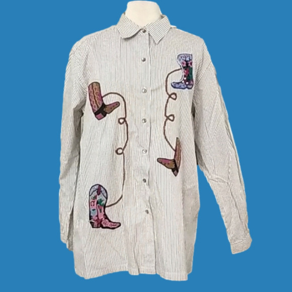 90's VINTAGE Bobbie Brooks Pinstripe Cowboy Boot Country Western Blouse - Picture 1 of 9